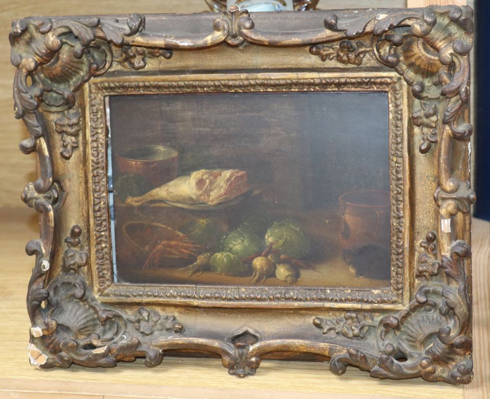 18th century Dutch school, oil on wooden panel, Still life in a larder with cat and leg of mutton, 15 x 22cm
